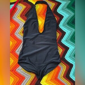 Original American Apparel V Neck Halter Black One Piece Swimsuit Size Large